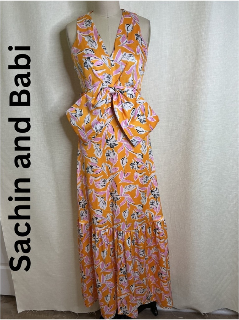 Sachin & Babi Orange Floral Midi Dress Tie Waist Sleeveless Size 0